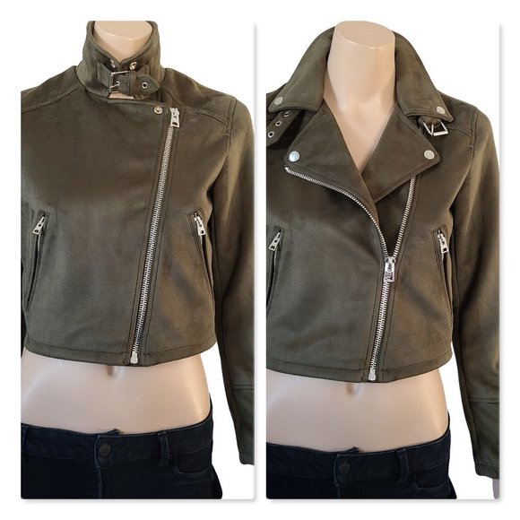 NWT TOPSHOP Olive Green Vegan Suede Bomber Jacket - Picture 1 of 4